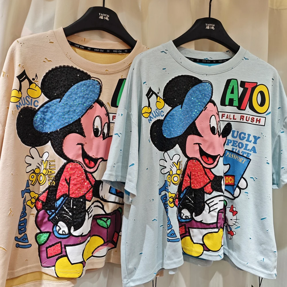 

Женская футболка больших размеров с мультяшным принтом, свободная, с коротким рукавом, тонкая, высококачественная, с пайетками, ажурная, винтажная, модная