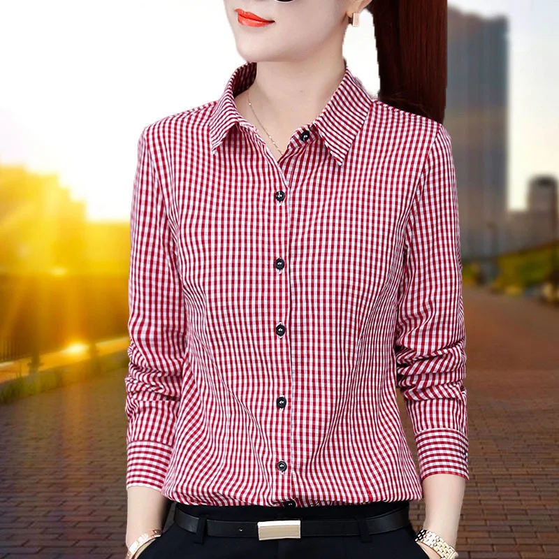 Camisa solta de botão de lapela, treliça coreana, roupa feminina, blusa casual de grandes dimensões, moda, novo, outono, 2023