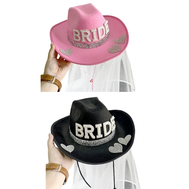 

Women Bridal Party Cowboy Hat with Veil Bachelorette Party Cowgirl Bride Letter Hat Girls Carnival-Party Photo Props