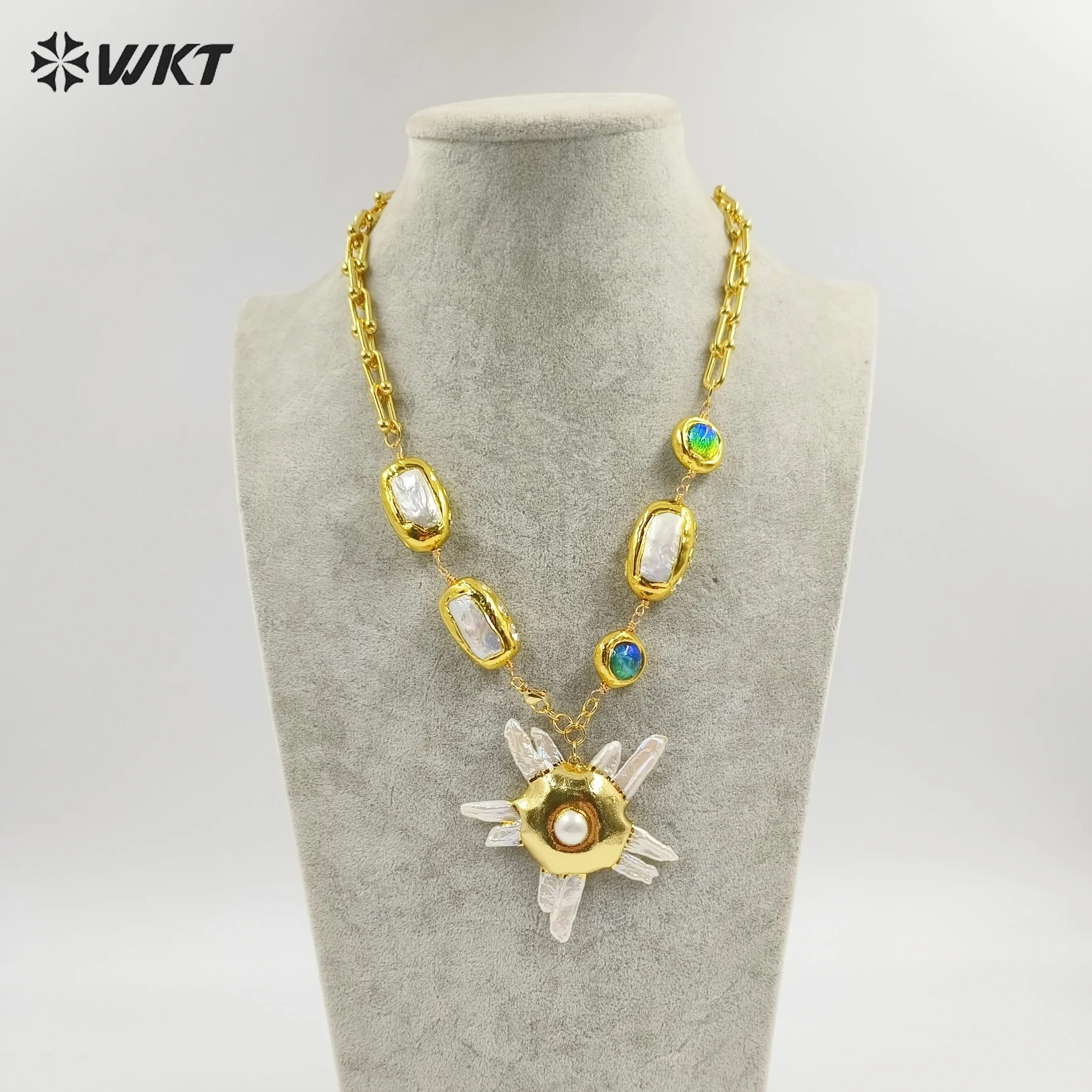 WT-JN256 العصرية قلادة كبيرة 18 كيلو قلادة للنساء كوكتيل الطرف الديكور لؤلؤ المياه العذبة والخرز الملون تصميم #6