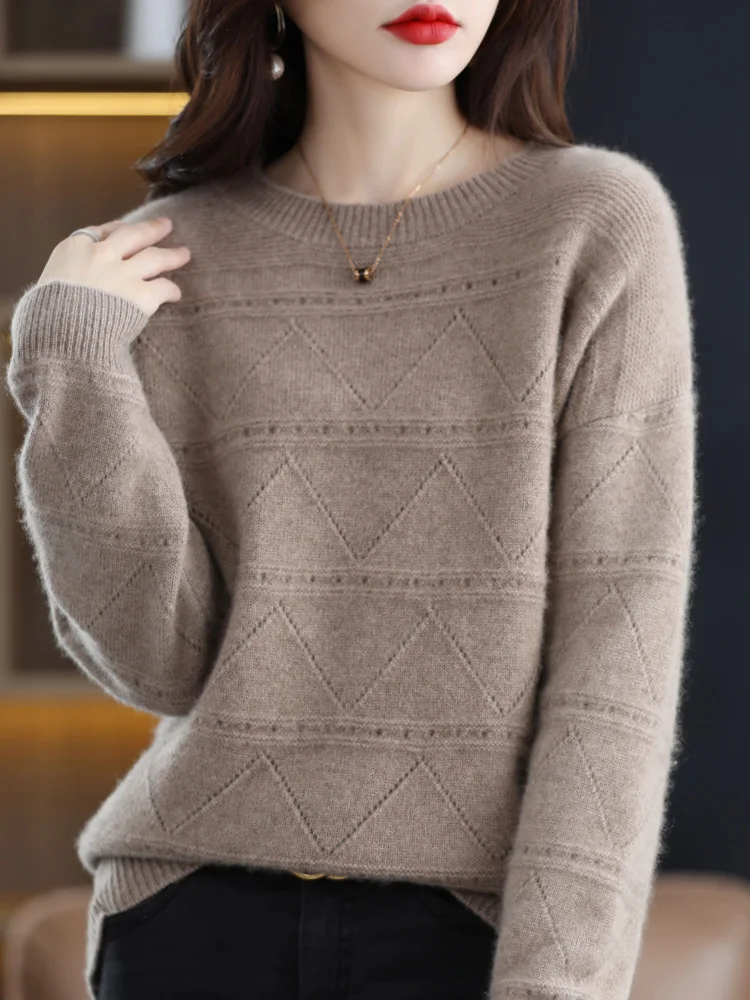 New Warm Sweater For Women O-neck 100% Merino Wool Hollow Out Pullover Autumn Winter Solid Color Stripe Diamond Clothing Tops