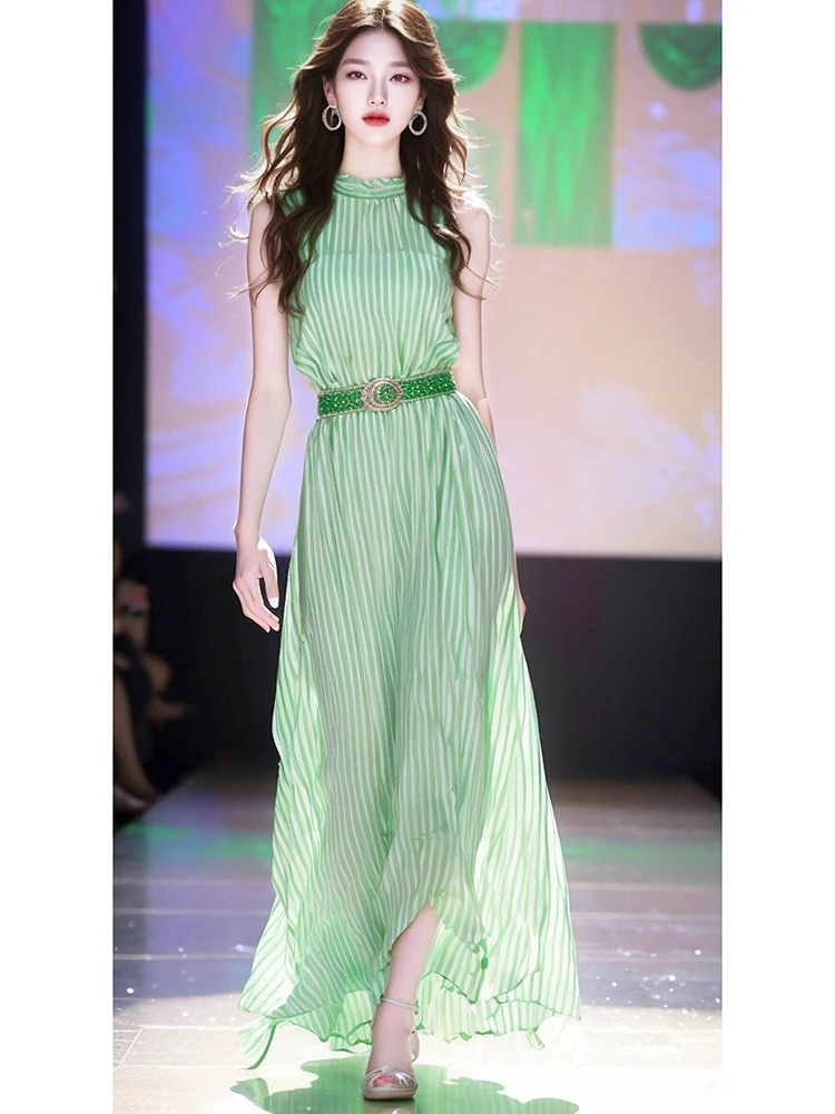 우아한 그린 롱 드레스 여성 여름 하이엔드 여신 스타일 민소매 폴리에스터 섬유 주름 스커트 X자형 가운