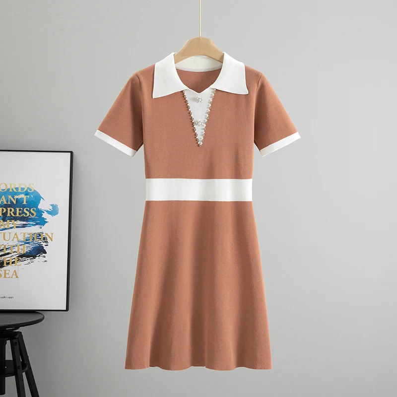 

Korean Fashion Knitted summer dresses for women 2025 Casual Short Sleeve Polo Collar Contrast Color Mid Dresses Vestido