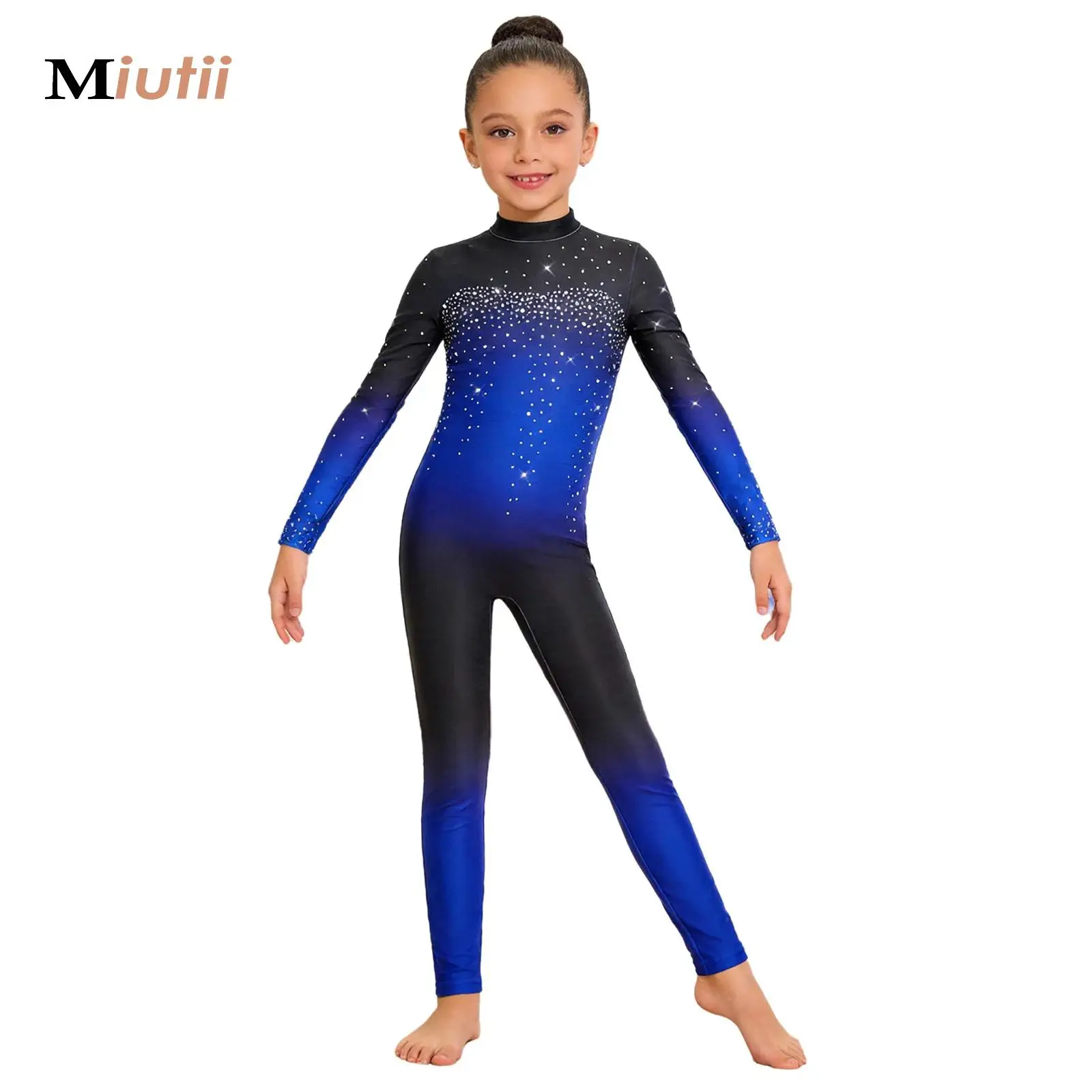 

Girls Kids Long Sleeve Rhinestone Ballet Dance Leotard Performance Costume Dancewear Sport Workout Bodysuit Gymnastics Jumpsuits