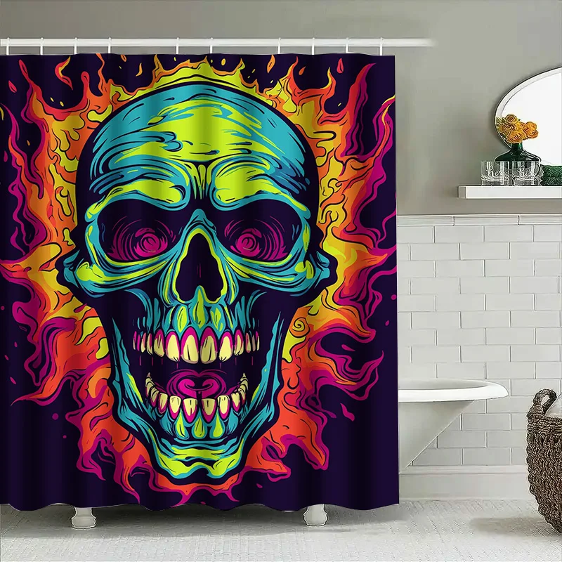 

Tuniu Psychedelic Skull Shower Curtain Neon Flaming Horror Art Bathroom Decor Vibrant Colorful Design