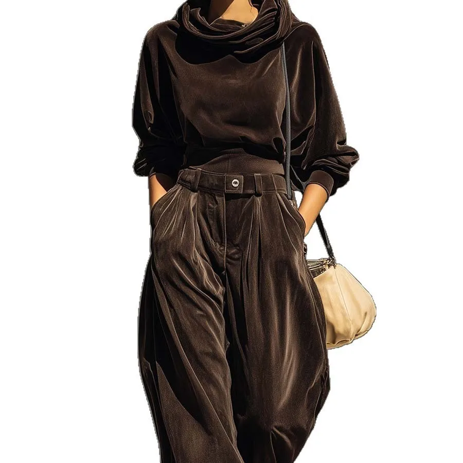 Women's Matching Sets Hoodie 2-Piece Long Sleeve Velvet Casual Outfit with Pants Solid Color All Season Pocket Washed Set