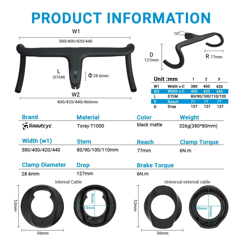 

GOOUTCYC Road Bike T-ONE T1000 Integrated Carbon Road Handlebar 28.6mm All Internal Routing Black Matte / Chrome logo