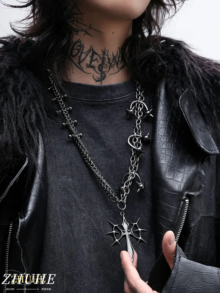 

Retro Silver Punk Necklace with Cross & Star Details Jewelry Accessories Gothic Subculture Favorite