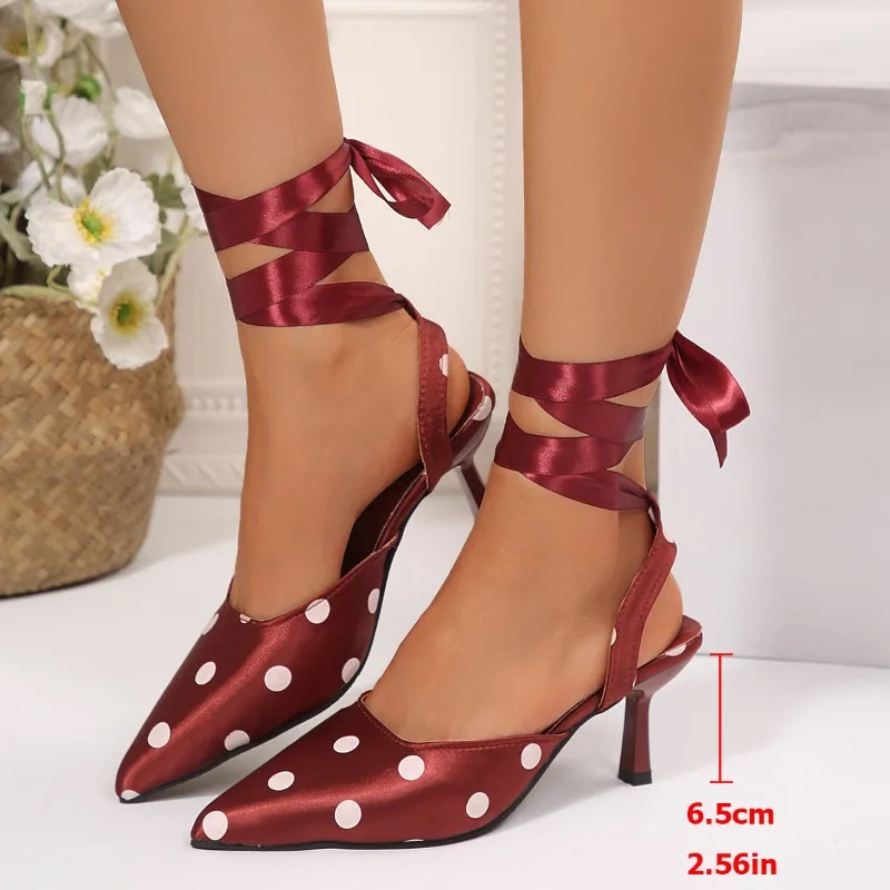 Polka Dot Satin Ankle Wrap Women Sandals Fashion Pointed Toe Singbacks Mules Shoes Elegant Wedding Party Ladies Dress Sandalias view 6
