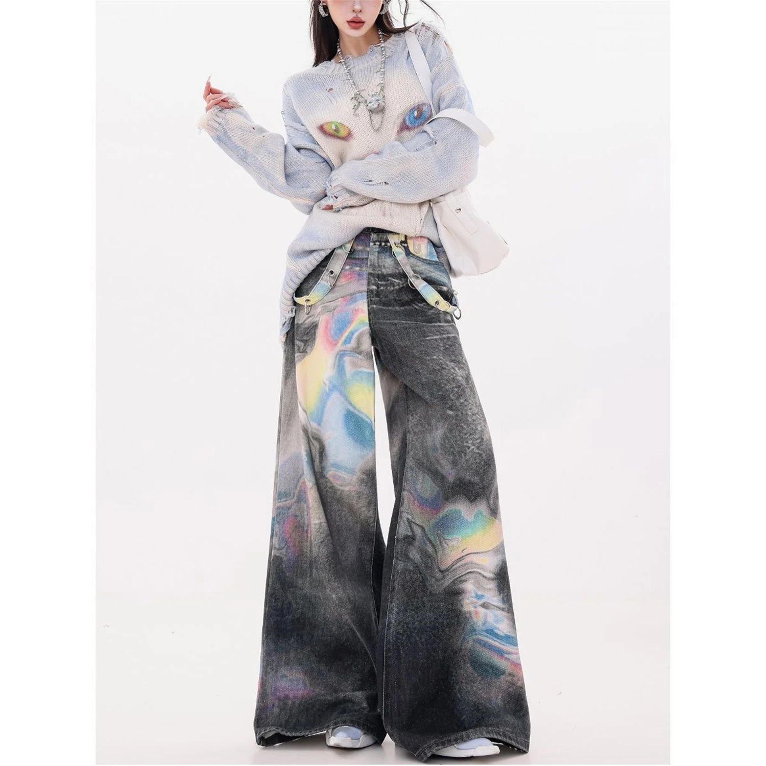 

Women's High Waist Wide Leg Black Jeans Colorful Abstract Print Metal Buckle Detail Vintage Y2K Streetwear Denim Trousers