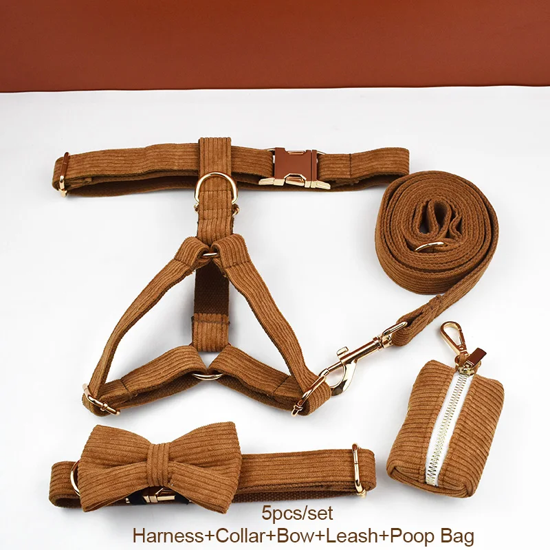 Personalised Corduroy Dog Collar And Leash Set With Nameplate_voghion.com