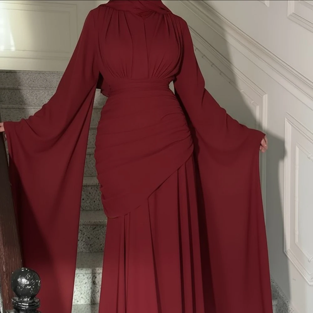 Personalizado a linha vestidos de noite até o chão gola alta manga cheia vestido de baile simples moda plissado drapeado vestido de festa casual