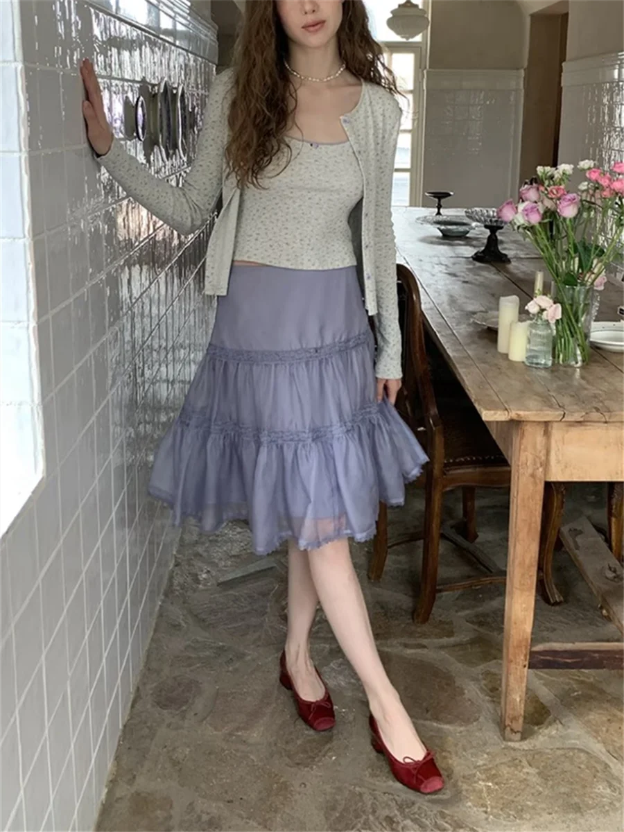 Sweet Loose Grey Purple Lace Splicing Tulle Skirt Spring Autumn Low Waist Cake Skirt Women's Fashion Regenerative Cellulose F...