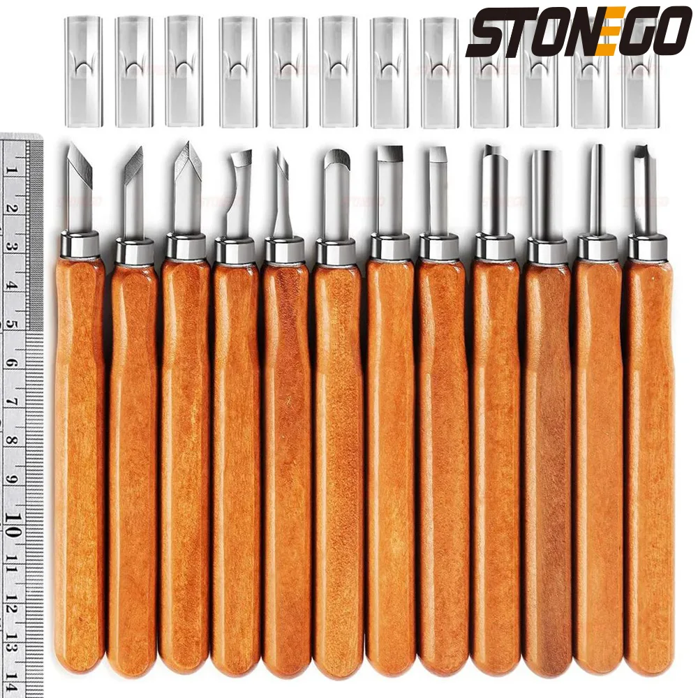 STONEGO Wood Carving Chisel Knife Set Carbon Steel Woodworking Tools Beginner-Friendly DIY Hand Craft Sculpture OPP/Canvas Bag