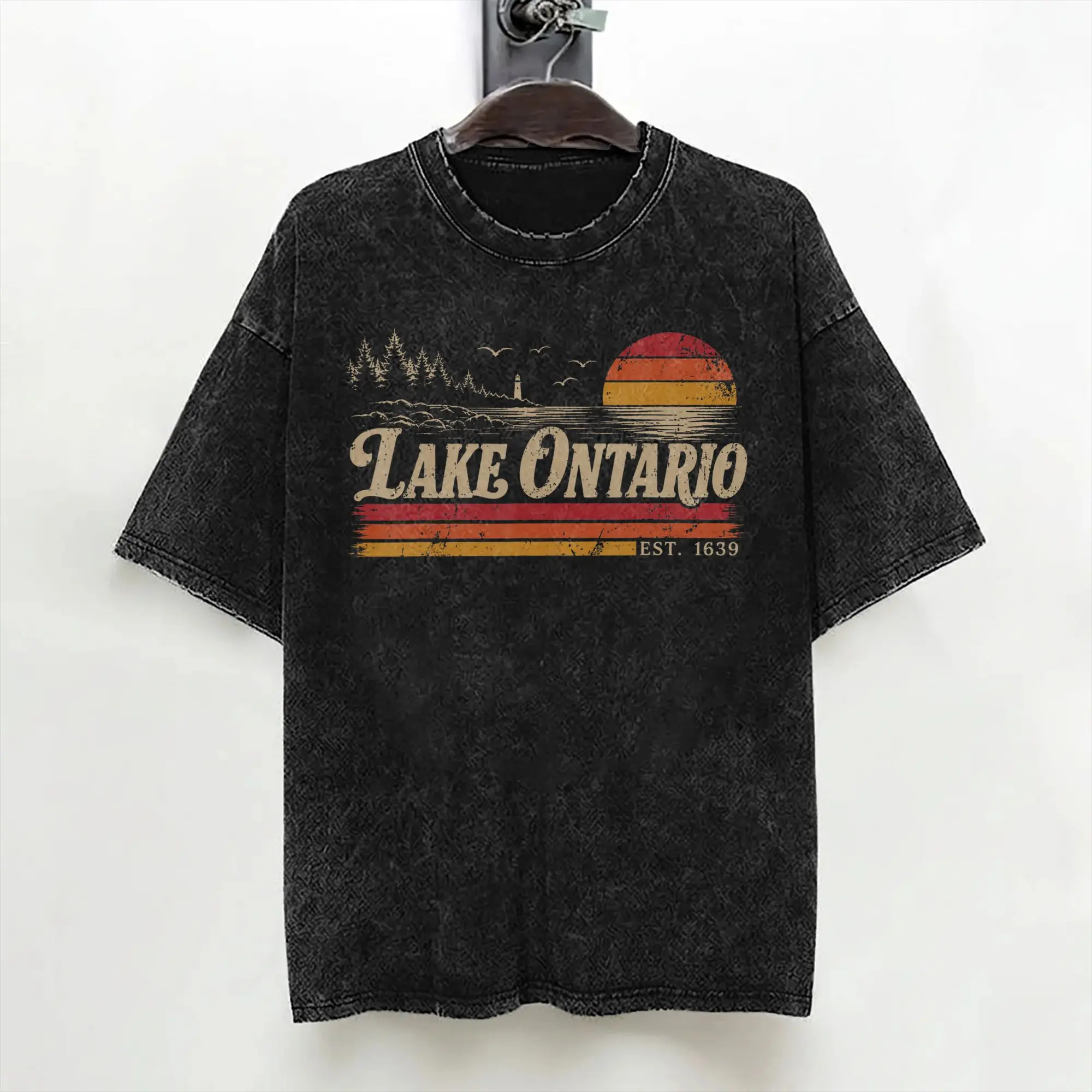 Washed T Shirt Lake Ontario Vintage Cannada Retro Sunset Great Lake Hip Hop T-Shirt Oversize  Streetwear Printed Tees for Men