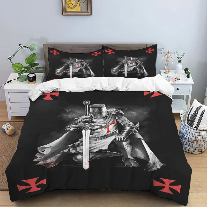 Medieval Knights Templar Patterns Comforter Bedding Set,Duvet Cover Bed Set Quilt Cover Pillowcase,King Queen Size Bedding Set