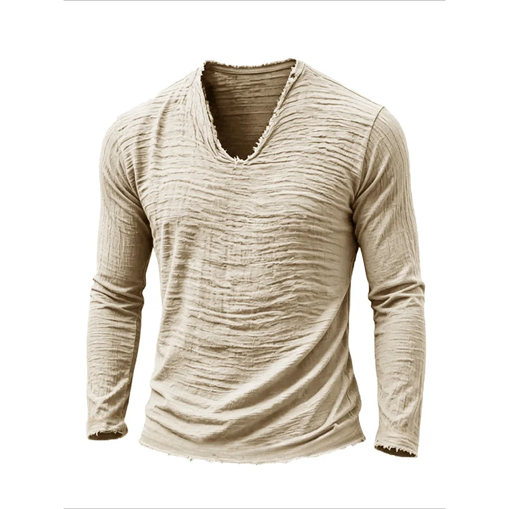 Men's Long Sleeve T-shirt Trendy Ripped Design  V-neck Lightweight Cotton Soft Pleated Fabric Male Loose Fit  Vintage Tops