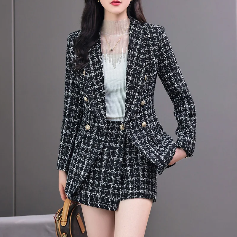 Tesco Women Pants Suit Plaid Double Breasted Short Skirt Set Fashion Casual Women Set for Office Lady  Form party chandal mujer