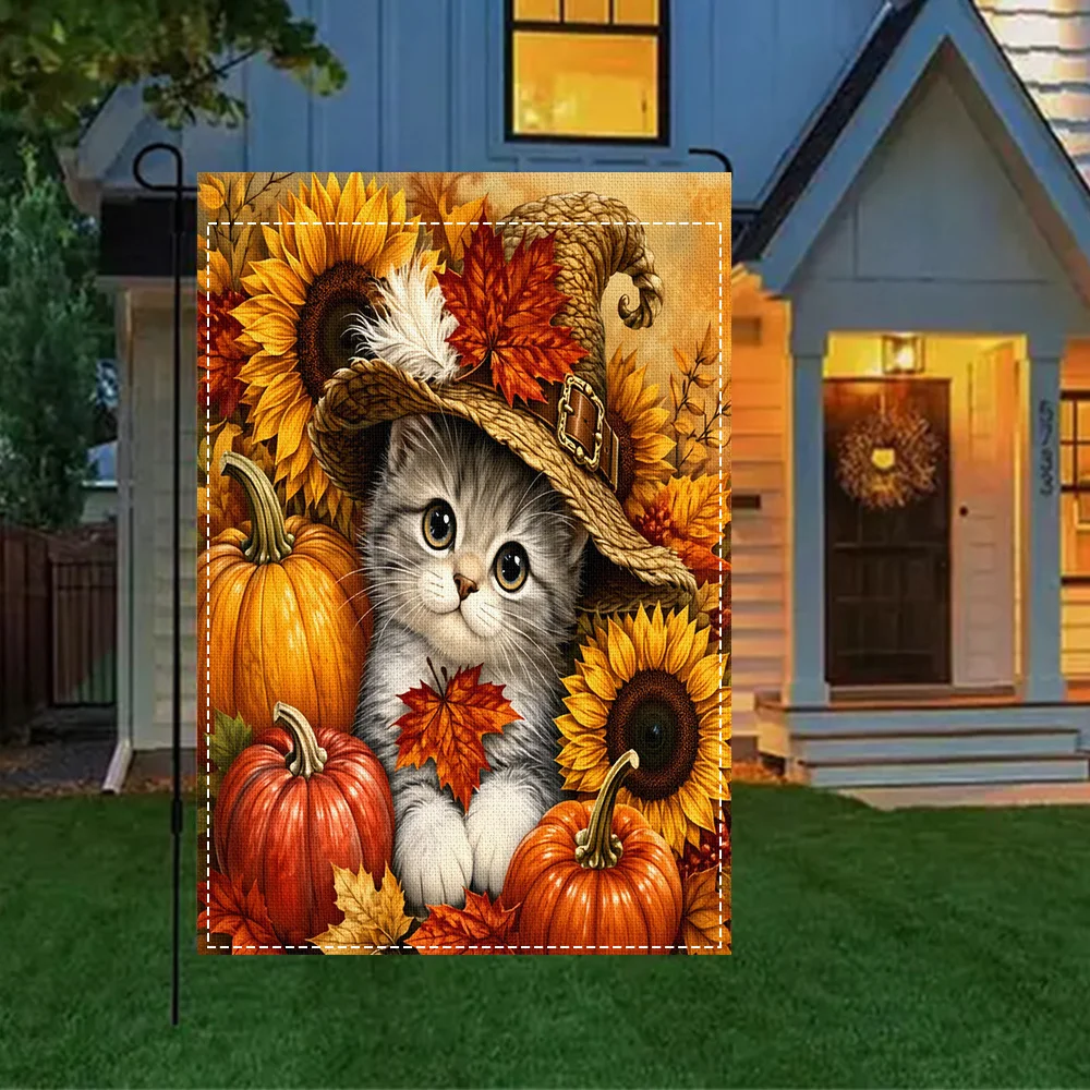 1PC Fall Cat in Witch Hat Garden Flag, Two-Sided Sunflower and Pumpkin Print, Perfect for Fall Patio and Outdoor Holiday Decor (
