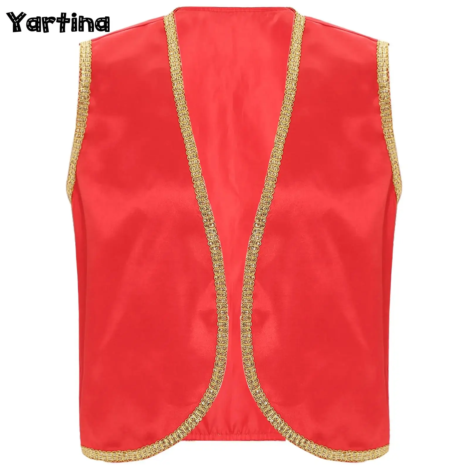 Mens Deluxe Arabian Prince Stain Vest Shiny Gold Trim Open Front Curved gilet Halloween Indian Arabian Cosplay Costumes