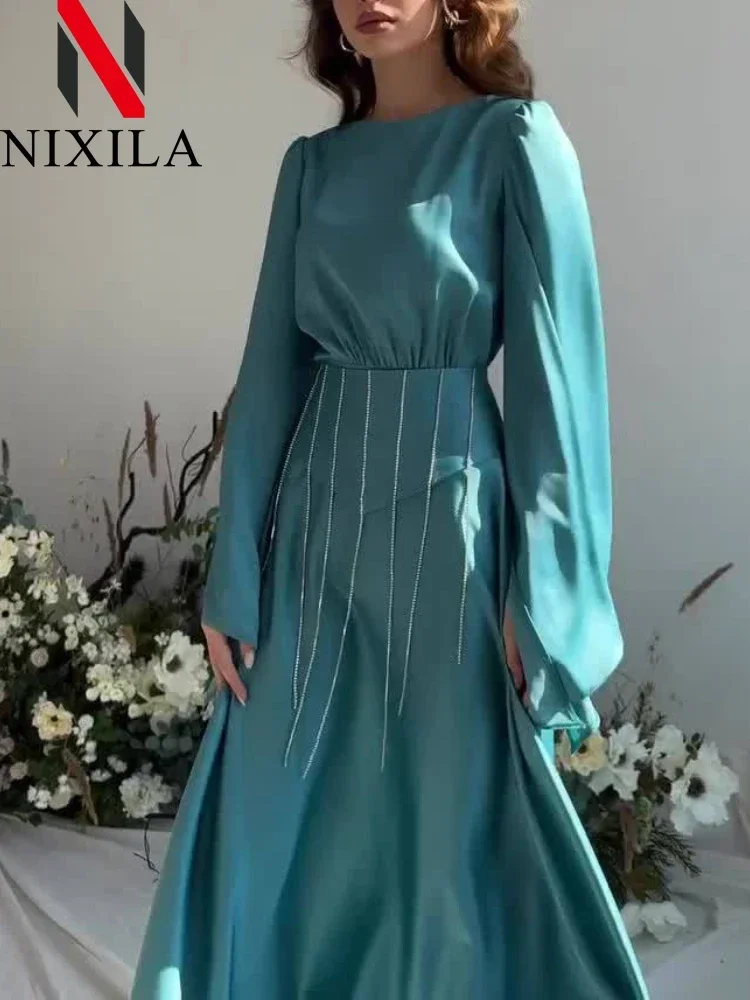 

New Spring Summer Women's Elegant Satin Long Dress with Tassel Flare Sleeves O-Neck Sexy Robe Style Party Female Dress Clothing