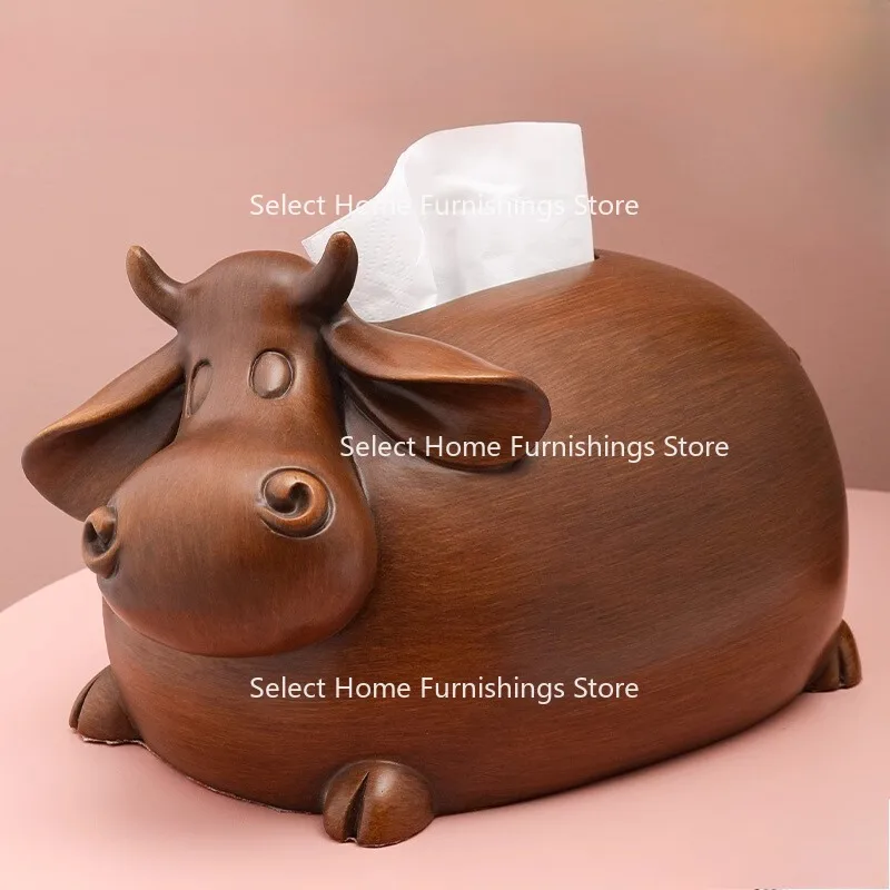 Suitable for Cattle Tissue Box, Living Room Coffee Table Ornament, Wooden Pumping Carton