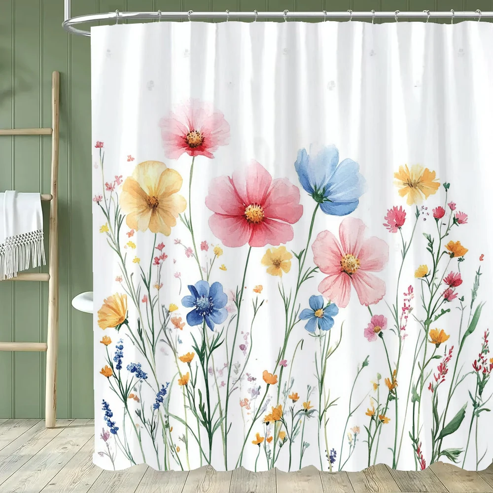 Watercolor Multicolor Wildflower Grass Floral Printed Shower Curtain Waterproof Mildew Resistant Polyester Fabric With 12 Plasti