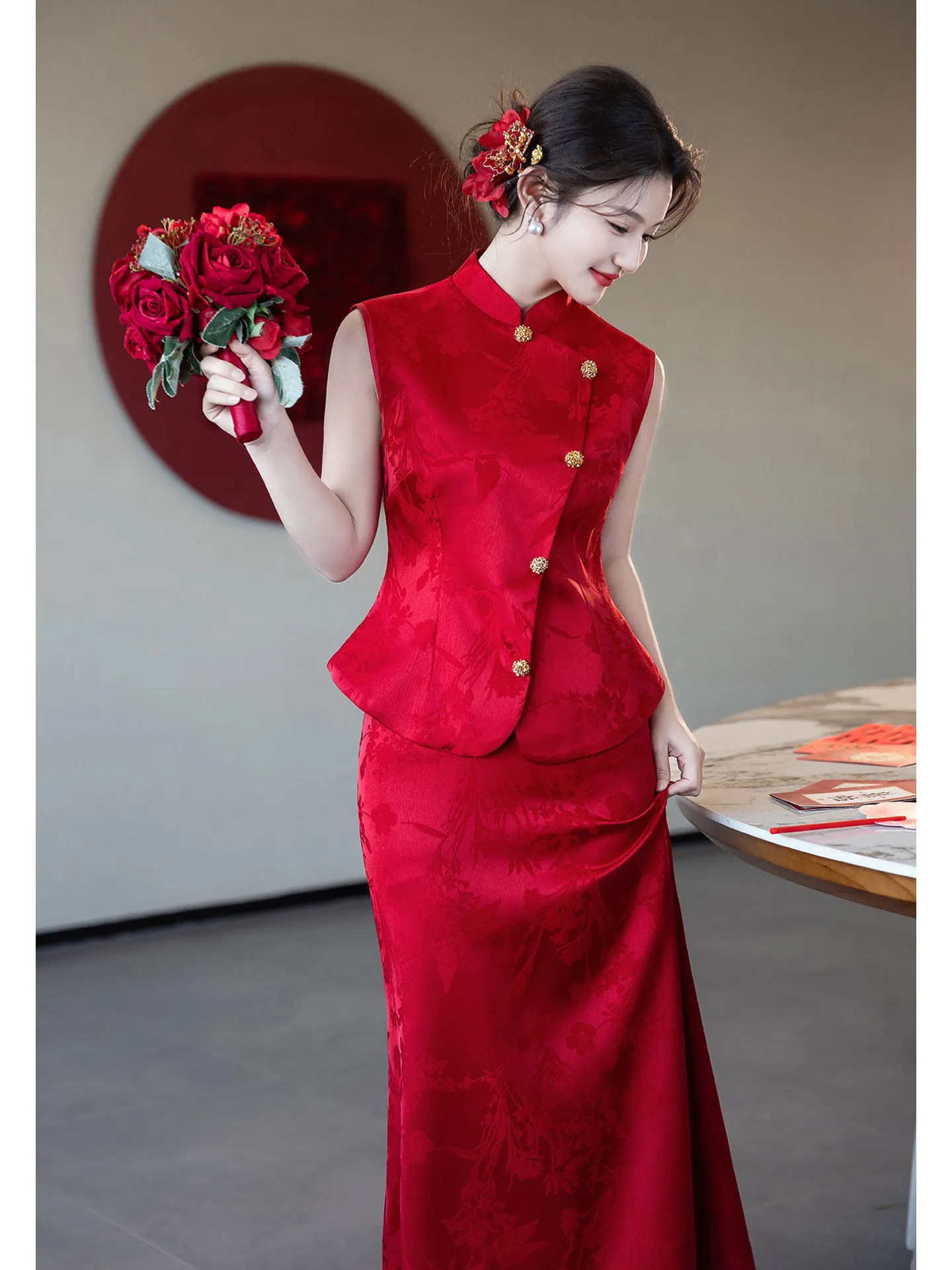 

Red Chinese Style Wedding Dress Set Women's Fish Tail Gown for Engagement And Wedding Celebration High Quality Summer New Style