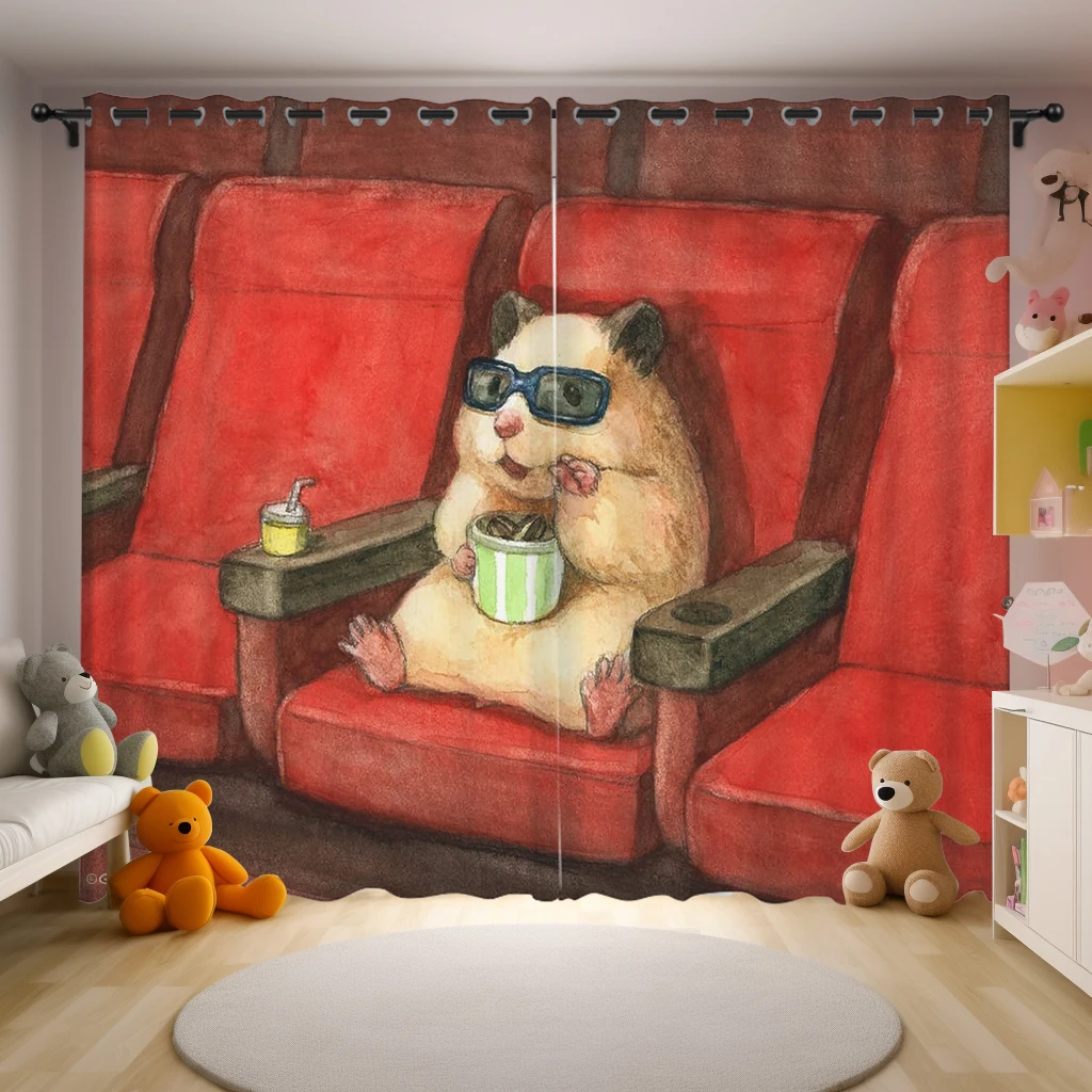 Cute Hamster Illustration Style Curtains Cartoon Kids Room Girl Bedroom Girl Floor-to-ceiling Window Blinds Semi-blackout Drapes