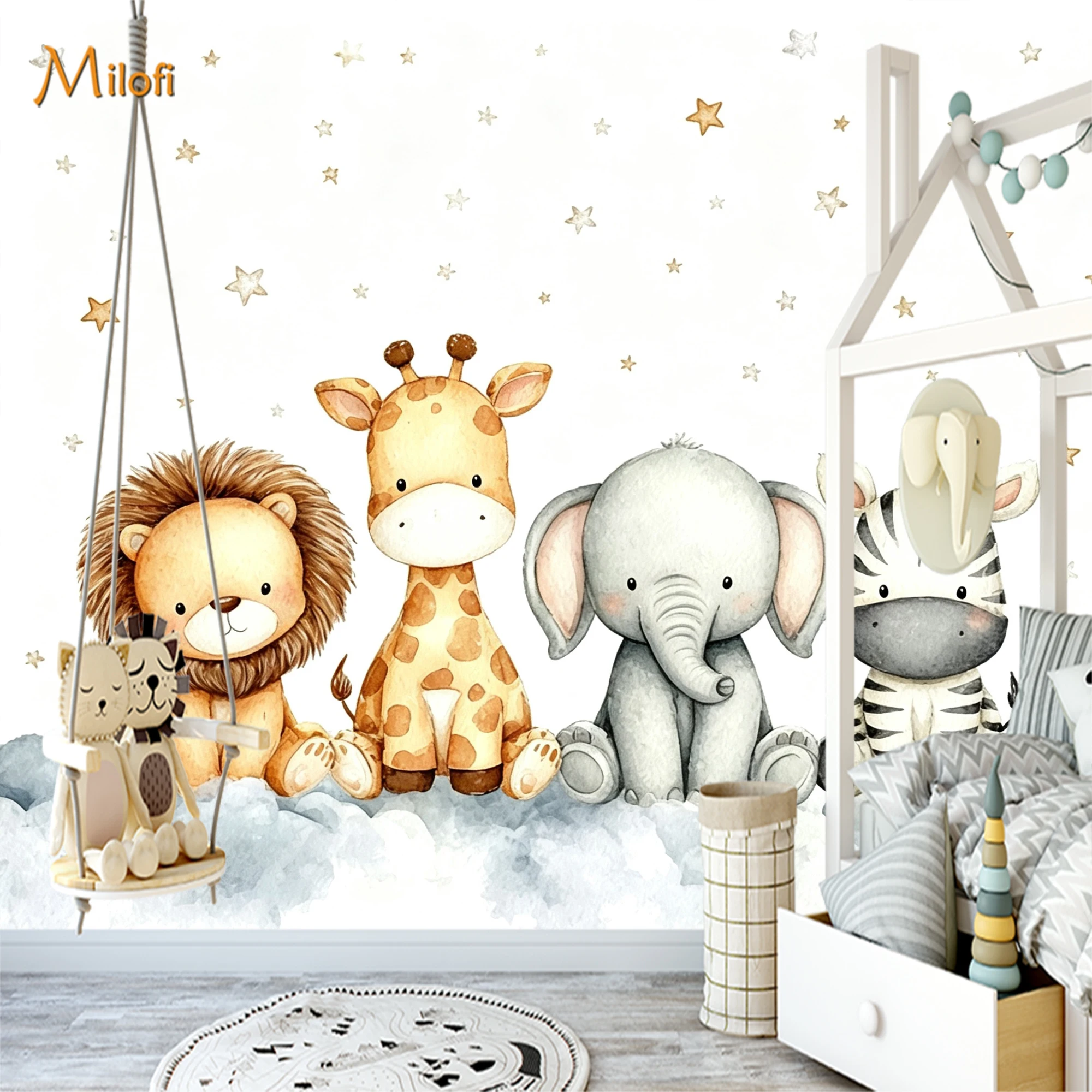 Custom Watercolor Safari Baby Animals Wall Mural Lion Giraffe Elephant Zebra Cloud Star Wallpaper Kids Peel and Stick Decor