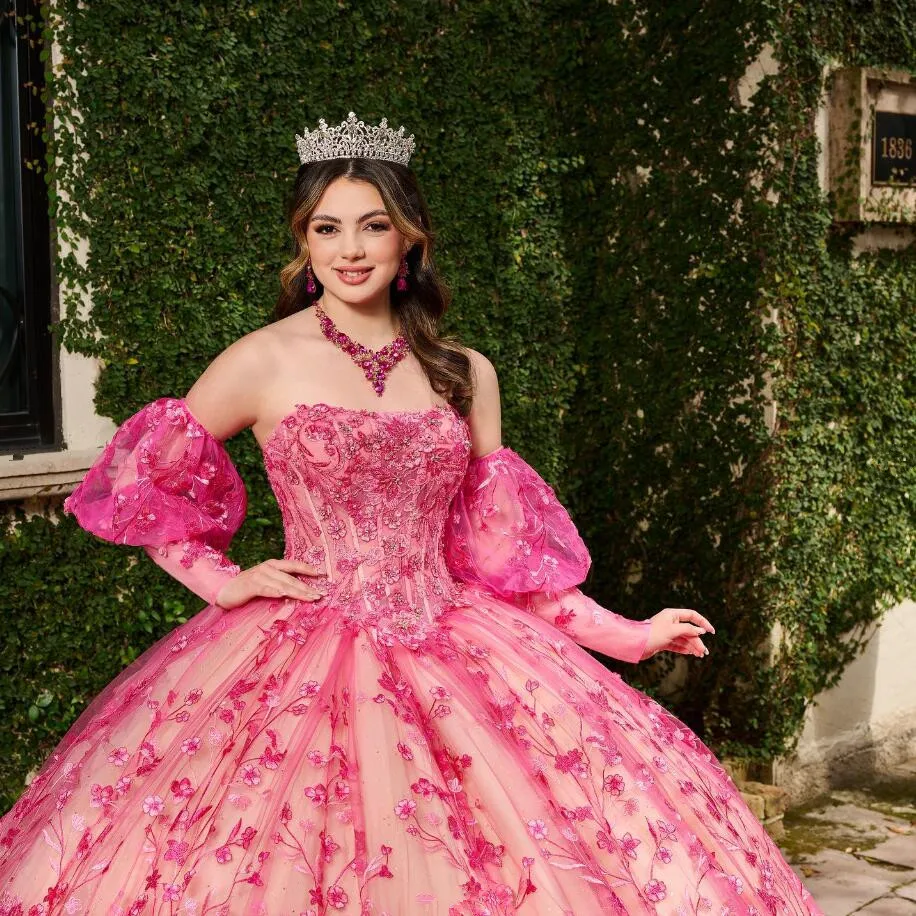 Fuchasia-Puffy Princess Quinceanera Vestidos com mangas, bordado floral, Sweet 16, 15