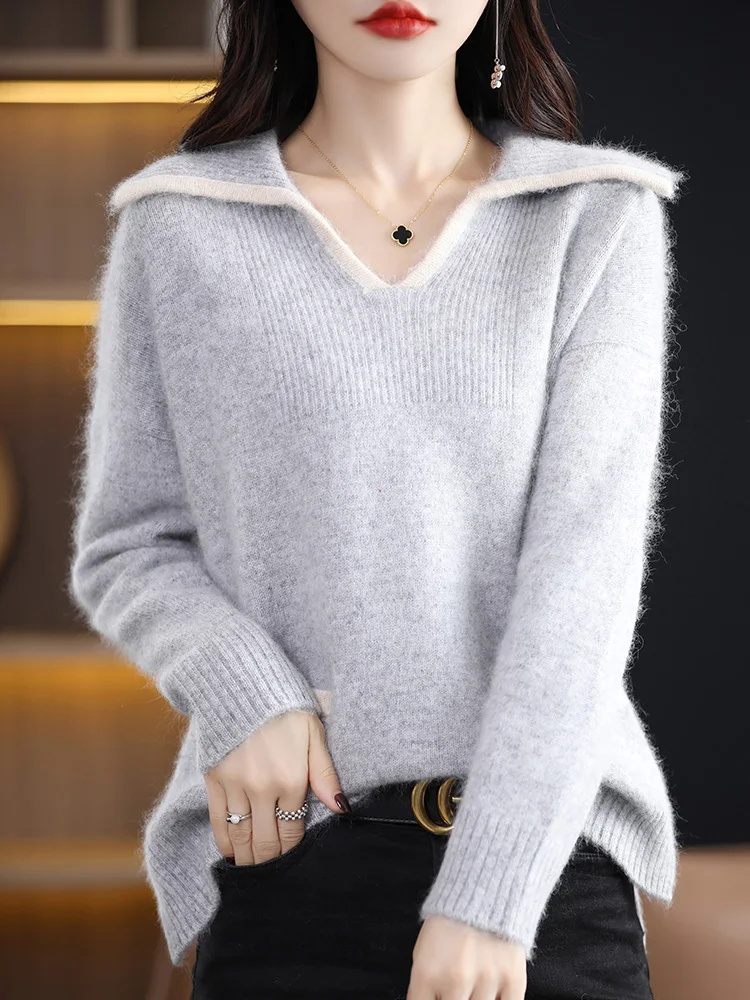 100% Pure Mink Cashmere Sweater Women V-Neck Thick Knit Pullover Casual Color Block Plus Size Blouse Loose Slit Lapel Base Shirt