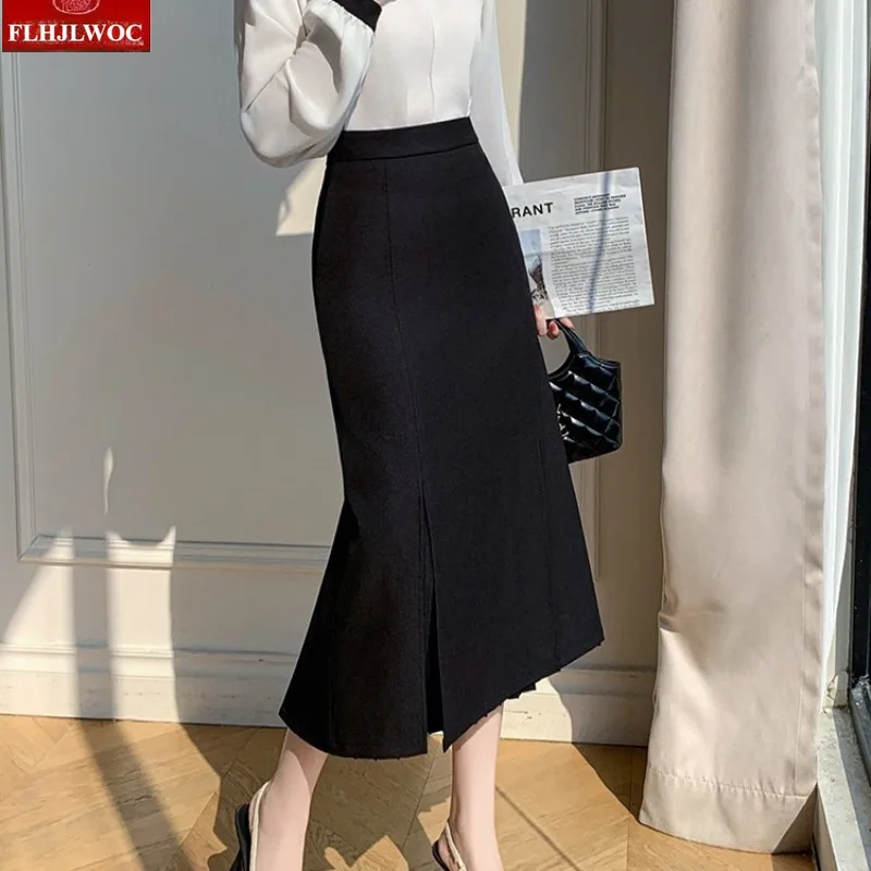 Hot Commuter OL Pleated Skirt Cute Girls Women Autumn Spring Elegant Solid Black Split High Waist Tunic Long Pencil Skirts O287