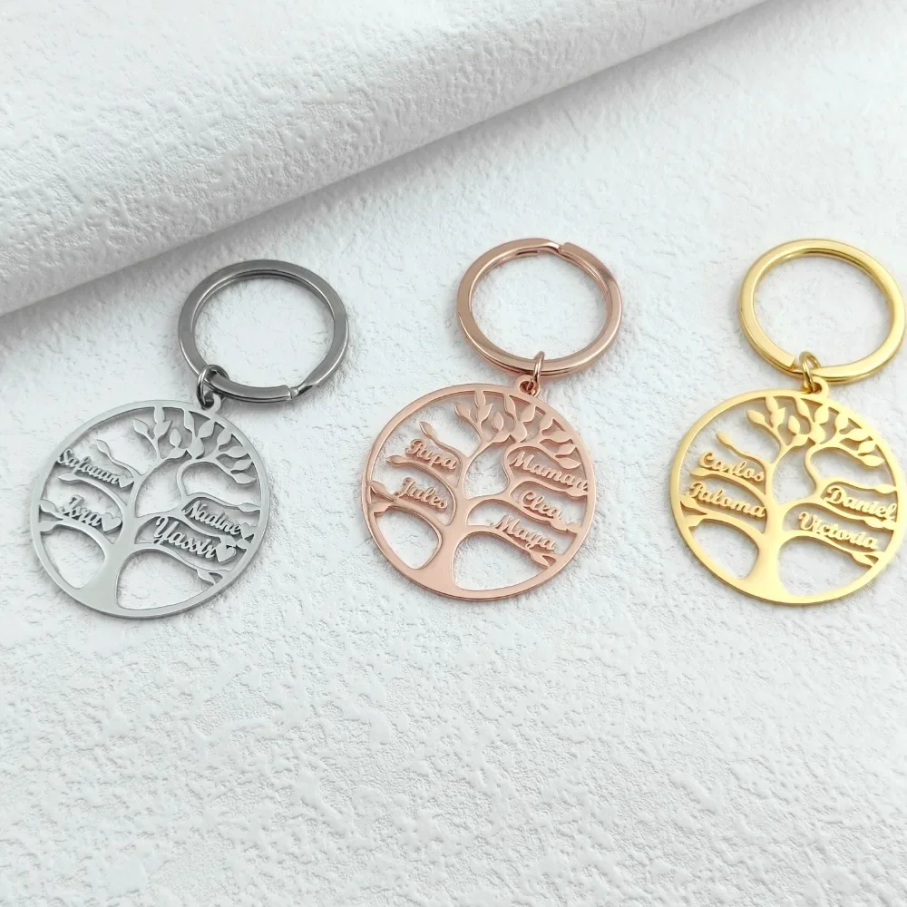 Personalized Tree of Life Pendant Keychain Custom 1-9 Family Member Names Mens Women Stainless Steel Keychains Gifts for Parents