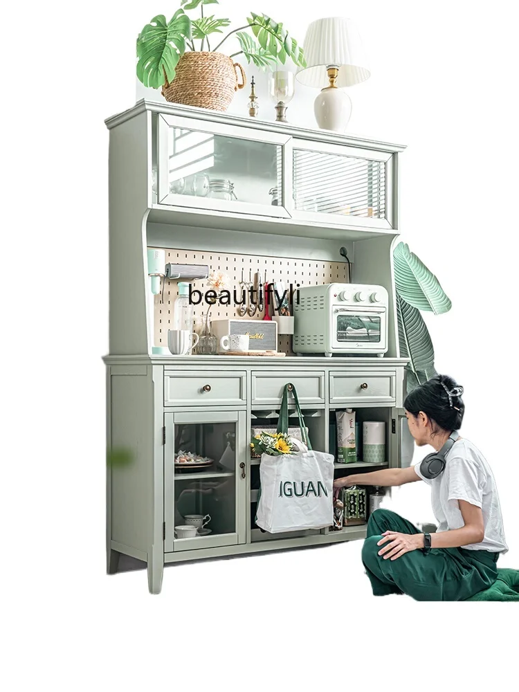 

American solid wood dining side living room tea cabinet kitchen bowl cabinet green large-capacity wine cabinet