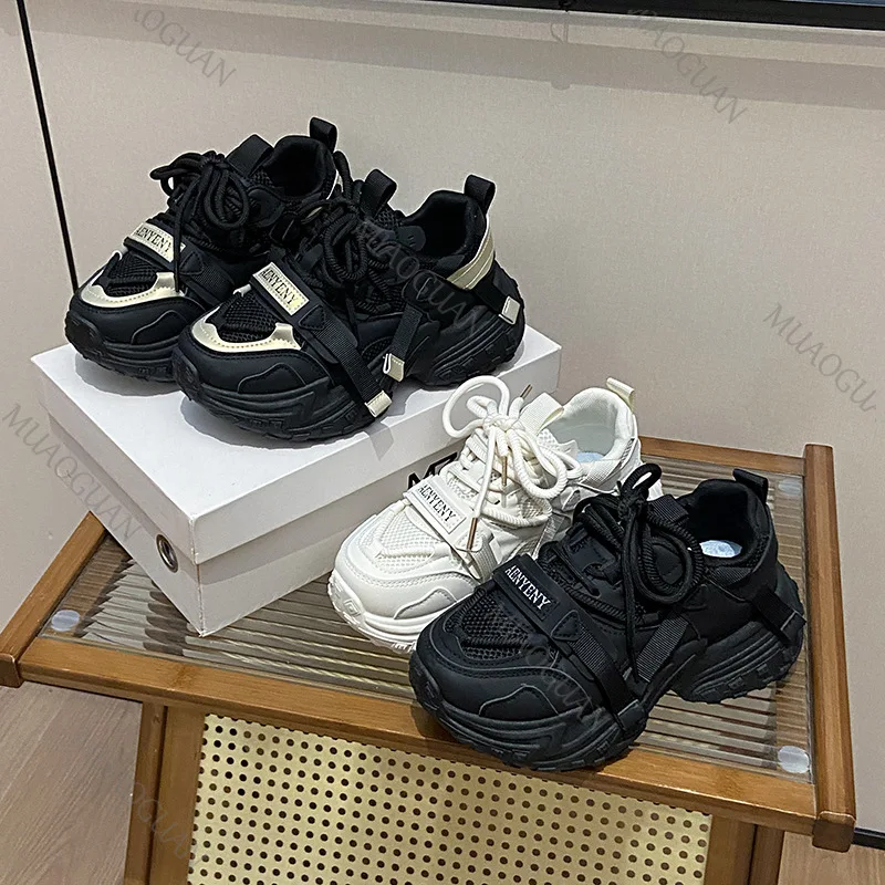 Damen Chunky Sneakers Atmungsaktive Mesh-Schnürschuhe mit Dicker Plateausohle Modische PU-Leder 7CM Casual Lauf- und Sportschuhe