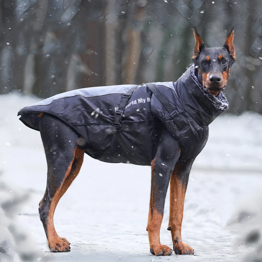 Wasserdichte Große Hundejacke mit Geschirr Winter Warme Reflektierende Hundebekleidung für Mittelgroße und Große Hunde Pitbull-Kleidung mit Fellkragen