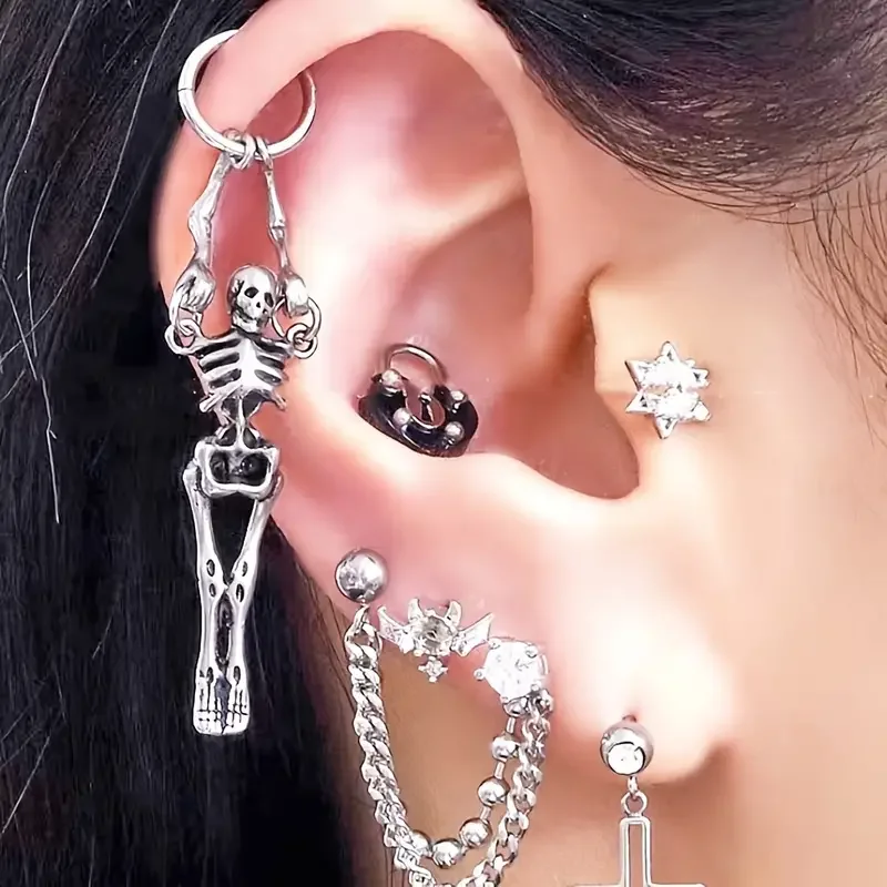 1 Pc Stainless Steel Skull Skeleton Ear Bone Ring Punk Style Ear Jewelry Accessories Ear Tragus Helix Cartilage Lobe Piercing