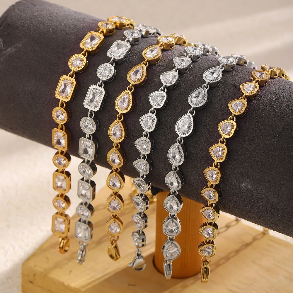 Mixed Cut Rectangle Round Pear CZ Tennis Bracelet Gold Silver Plated Stackable Chain Bracelet Women Wedding Banquet Jewelry