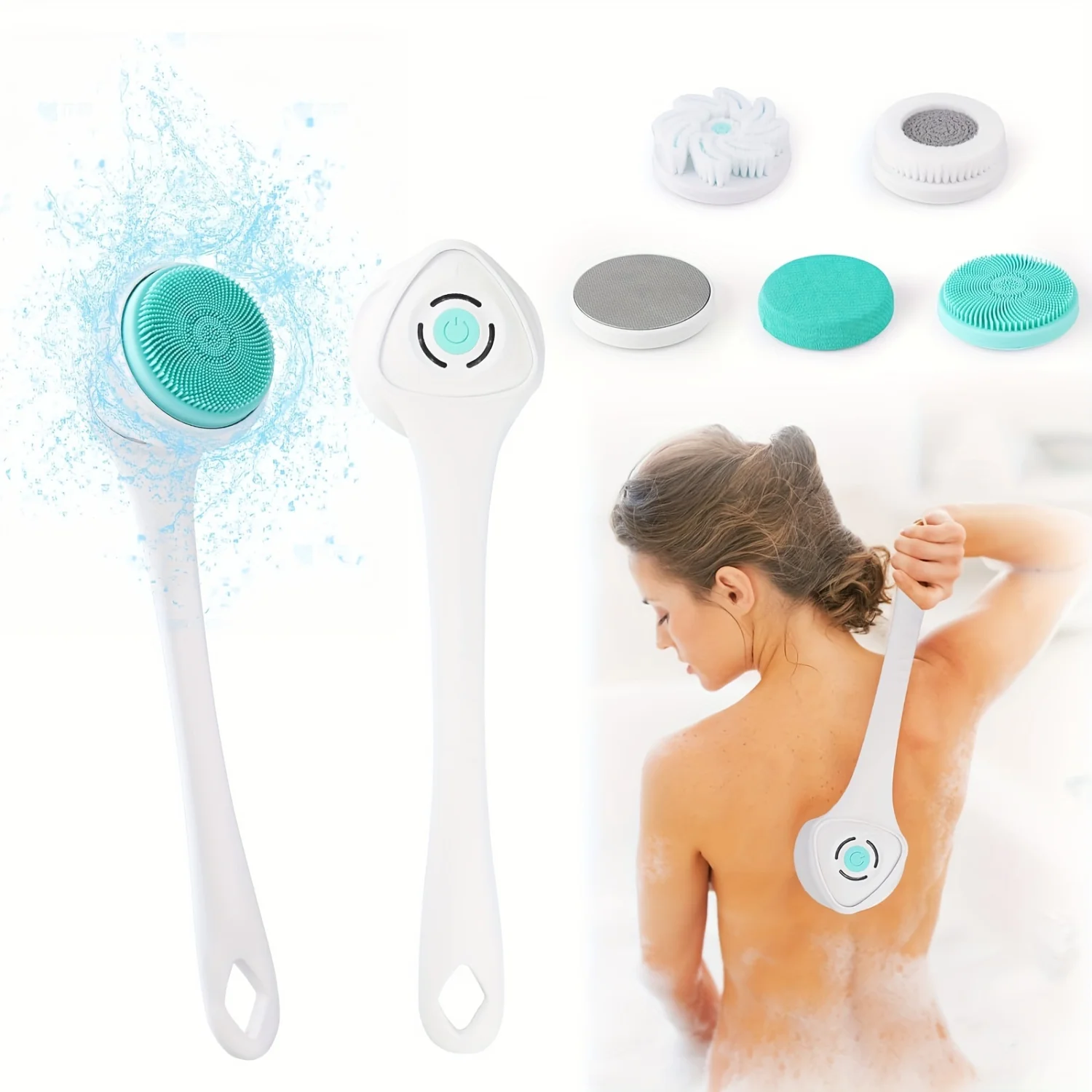Hotodeal Long Handle Shower Back Scrubber with 5 Large Brush Heads - 3 Gear Adjustment Deep Cleansing Body Scrub Brush for Women