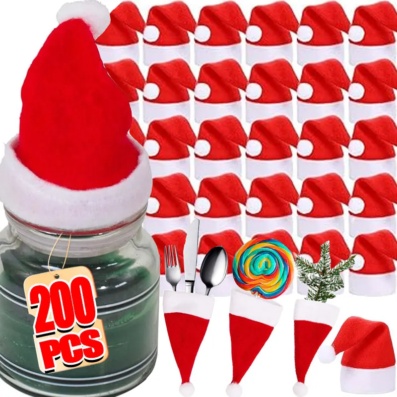 Neue Weihnachtsmannmützen, 200/2 Stück, Weihnachtsmütze für Mini-Weihnachtsmützen zum Basteln, Vlies, Weihnachten, Weinflasche, Party, Tisch, Abendessen, Dekorationen