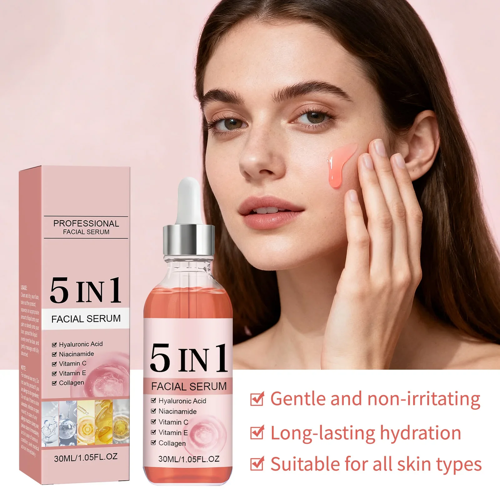 5-in-1 Face Serum 30ml - Hyaluronic Acid, Vitamin C, Niacinamide, Vitamin E & Collagen for Glow & Youthful Support.