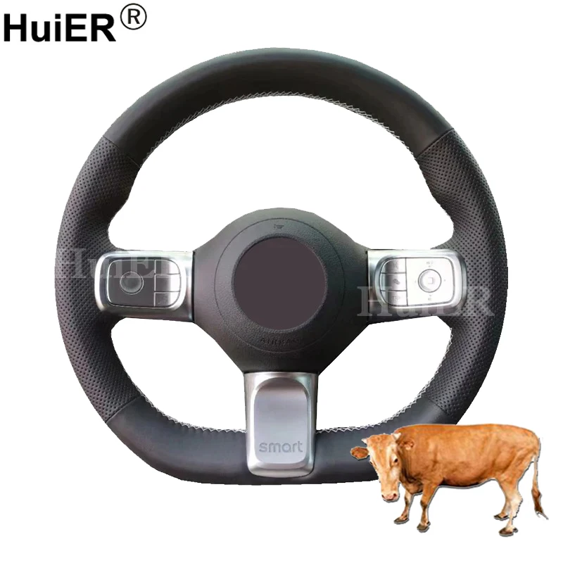 

Cow Leather Hand Sewing Car Steering Wheel Cover Wear-resistant Black Leather Car Handle Wrap For Mercedes Benz Smart 2021-2026