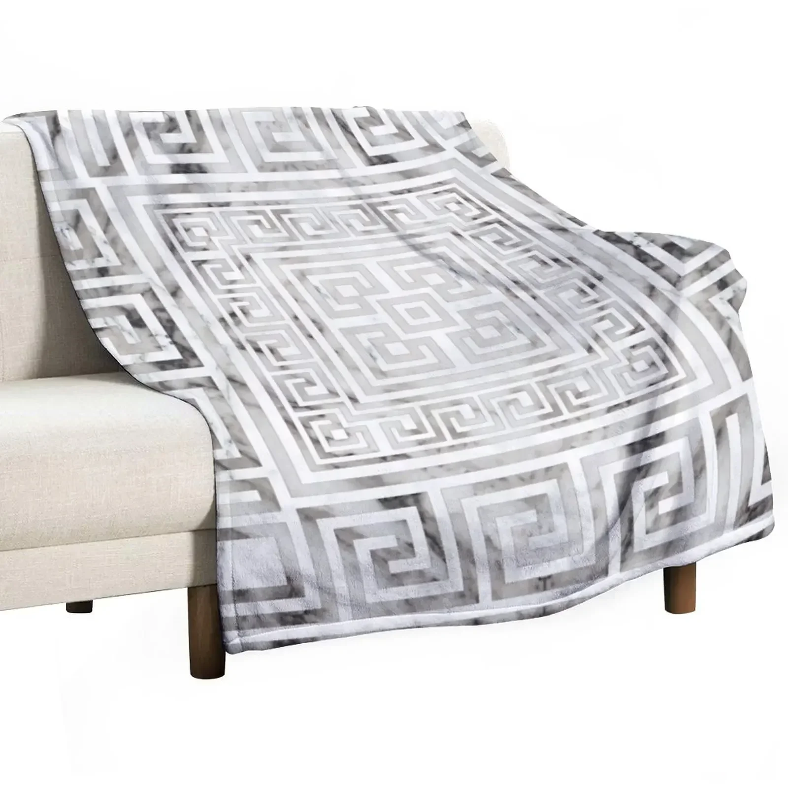 Greek Meander - Greek Key White Marble texures Throw Blanket Sofa Throw Luxury Designer Blankets