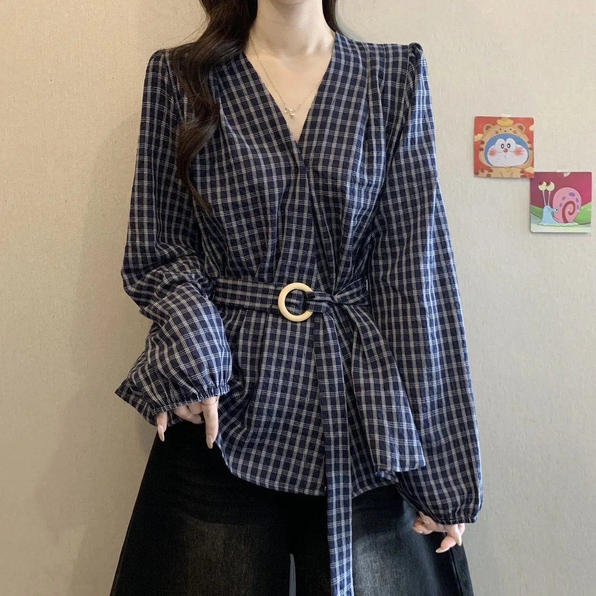 Deep Blue Plaid Long Sleeve Women's Shirt Autumn Fashion 2026 New plus Size Belly Covering Tie Waist High Waist Top