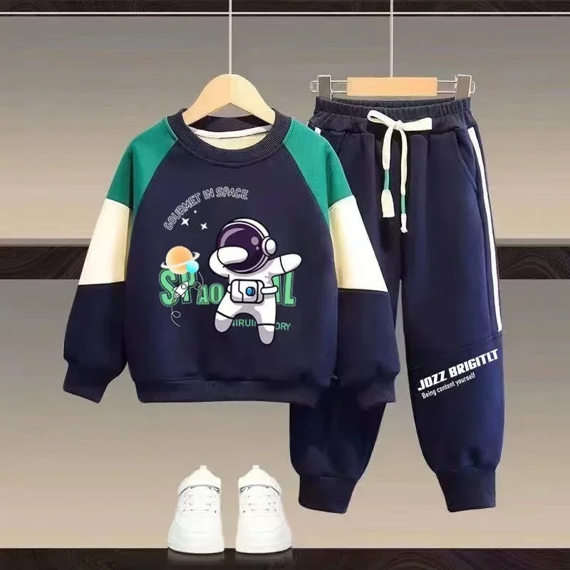 Korean Spring Autumn Children Boy Tracksuit Teenager Girl Astronaut Printed Contrast Sweatshirts+Sweatpants Kids Girl 2pcs Suit