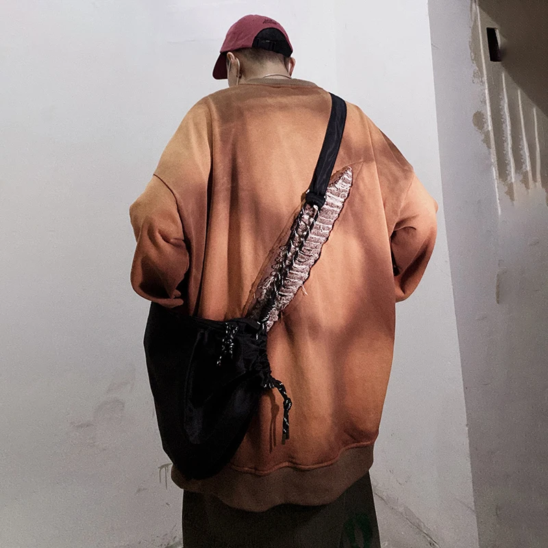 LUZHEN 2025 남성용 긴 소매 티셔츠, 찢어진 구멍, 타이 염색 디자인, 루즈 맨투맨, 패션 스트리트웨어, LZ8493, 신제품