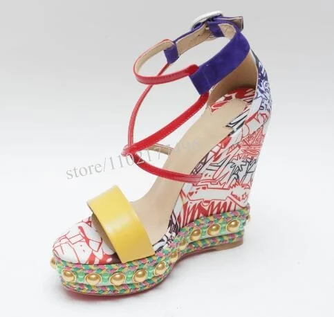 Graffiti Wedge Sandals Ethnic Flowers Metal Rivet Bordered Mixed Colors Slingback Round Ankle Lace Up Heels Women Fashion Shoes