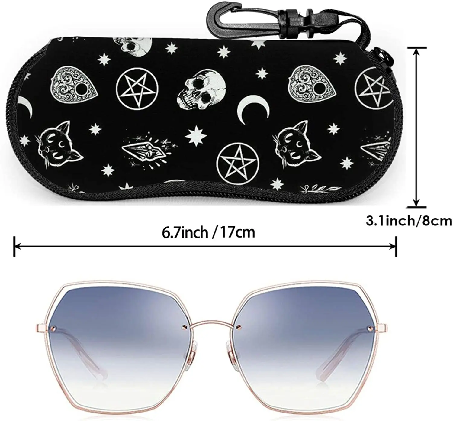 Gothic Eyeglass Case Sunglasses Soft Cases Ultra Light Portable Neoprene Zipper with Belt Clip for Men Women Kids