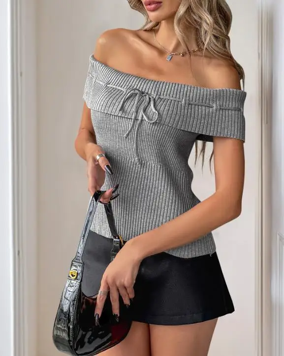 

2026 Spring/summer Elegant Sexy Hot Girl Bow Strap Design Knitted Top Women's Slim Fit Short One Word Neck Off Shoulder T-Shirt